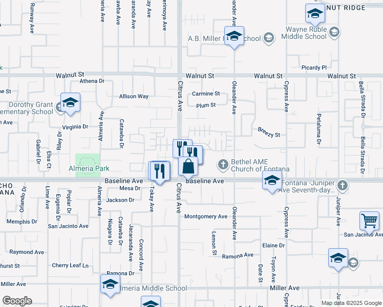 map of restaurants, bars, coffee shops, grocery stores, and more near 7199 Citrus Avenue in Fontana