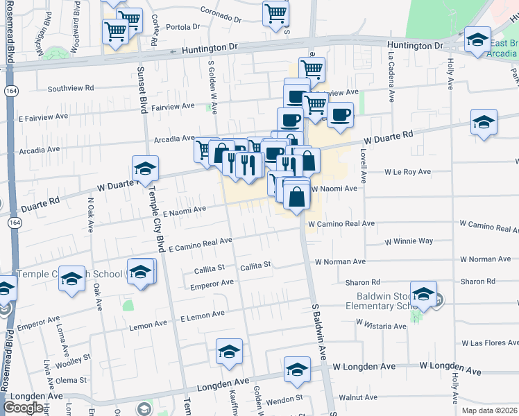 map of restaurants, bars, coffee shops, grocery stores, and more near 760 West Naomi Avenue in Arcadia
