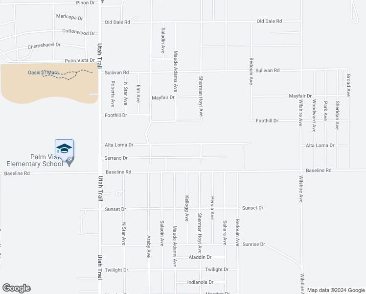 map of restaurants, bars, coffee shops, grocery stores, and more near 74835 Alta Loma Drive in Twentynine Palms