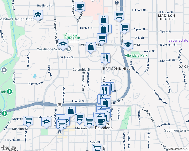 map of restaurants, bars, coffee shops, grocery stores, and more near 259 Grace Drive in South Pasadena