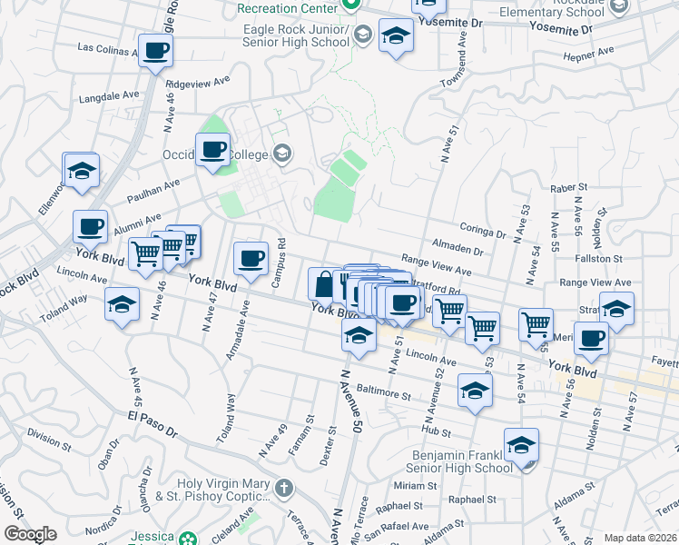 map of restaurants, bars, coffee shops, grocery stores, and more near 4929 Stratford Road in Los Angeles