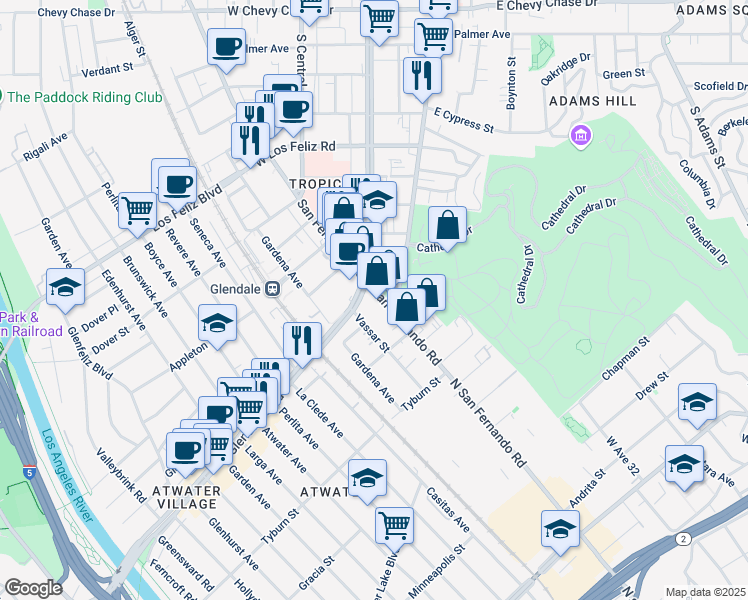 map of restaurants, bars, coffee shops, grocery stores, and more near 1815 South Glendale Avenue in Glendale