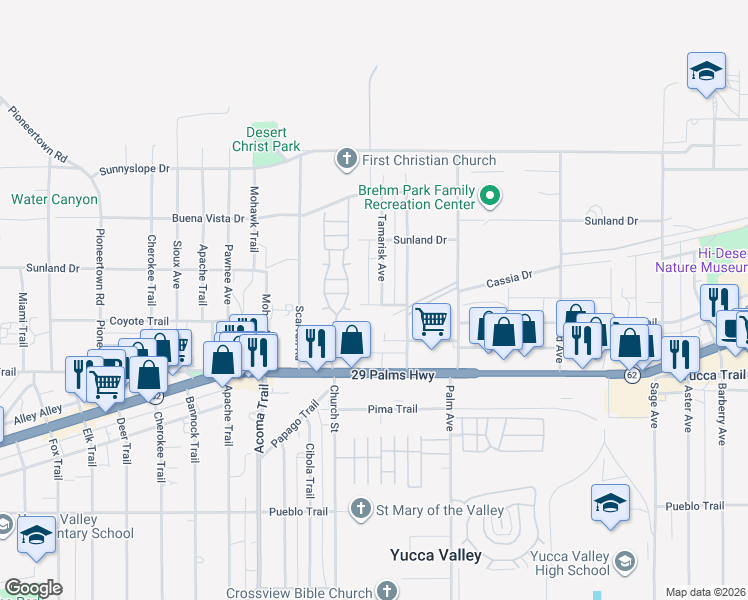 map of restaurants, bars, coffee shops, grocery stores, and more near 7150 Tamarisk Avenue in Yucca Valley
