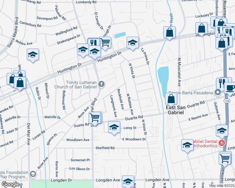 map of restaurants, bars, coffee shops, grocery stores, and more near 6825 Rockhold Avenue in San Gabriel