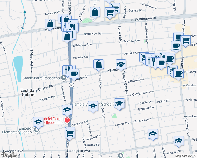 map of restaurants, bars, coffee shops, grocery stores, and more near 6839 North Oak Avenue in San Gabriel