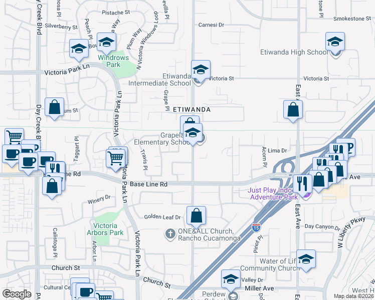 map of restaurants, bars, coffee shops, grocery stores, and more near 7168 Etiwanda Avenue in Rancho Cucamonga