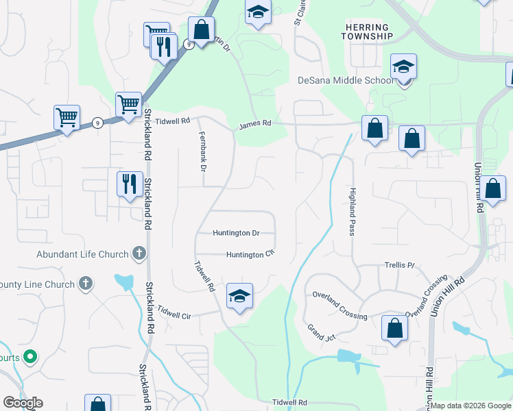 map of restaurants, bars, coffee shops, grocery stores, and more near 160 White Pines Drive in Alpharetta