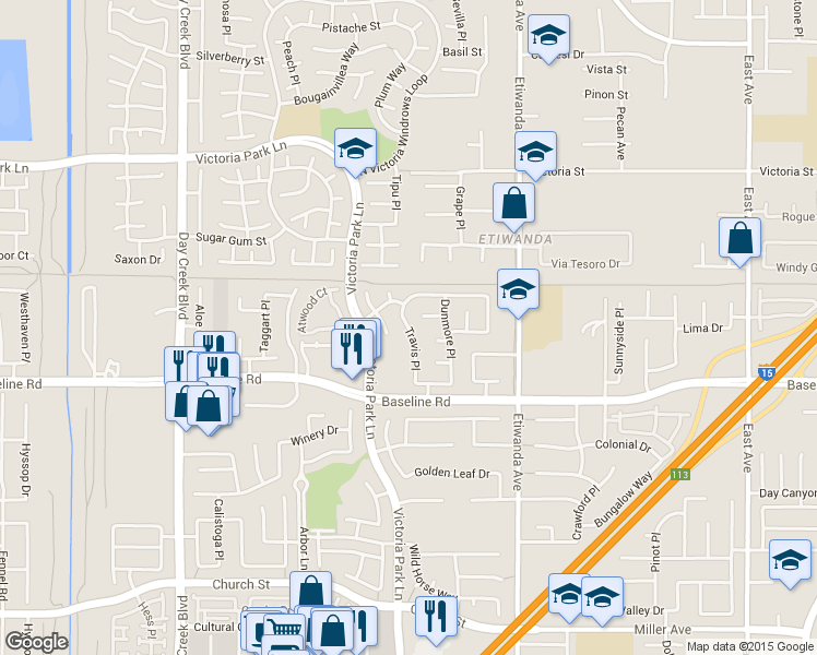 map of restaurants, bars, coffee shops, grocery stores, and more near 7153 Travis Place in Rancho Cucamonga