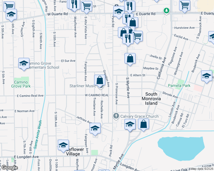 map of restaurants, bars, coffee shops, grocery stores, and more near 2252 Rochelle Avenue in Monrovia