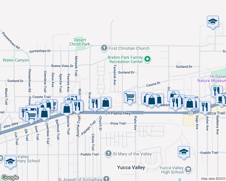 map of restaurants, bars, coffee shops, grocery stores, and more near 7150 Tamarisk Avenue in Yucca Valley