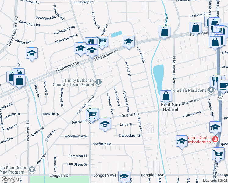 map of restaurants, bars, coffee shops, grocery stores, and more near 6825 Rockhold Avenue in San Gabriel