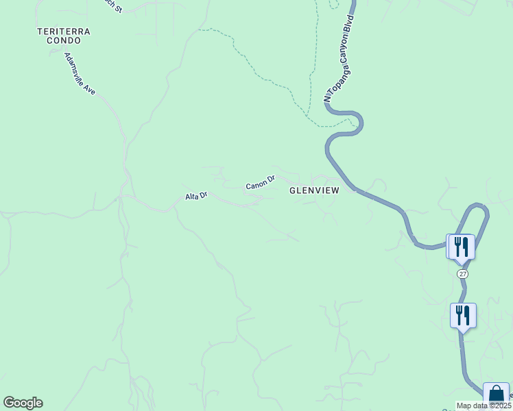map of restaurants, bars, coffee shops, grocery stores, and more near 21956 Cereza Way in Topanga