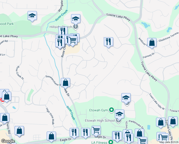 map of restaurants, bars, coffee shops, grocery stores, and more near 1005 Poplar Grove in Woodstock
