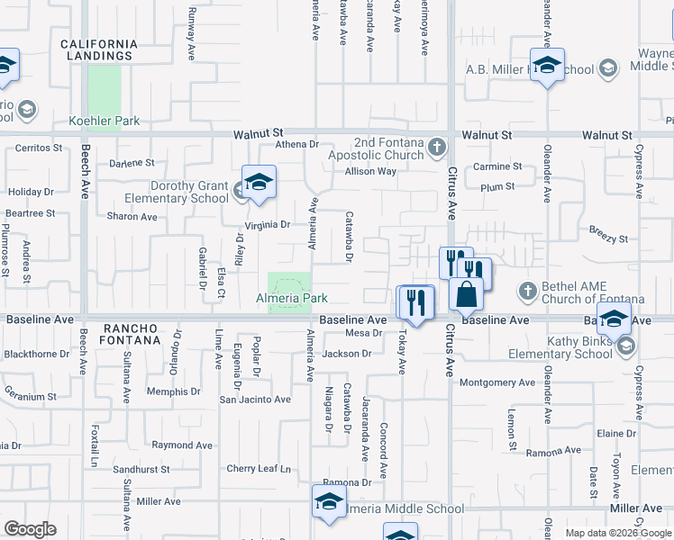 map of restaurants, bars, coffee shops, grocery stores, and more near 15847 Monteca Dr in Fontana