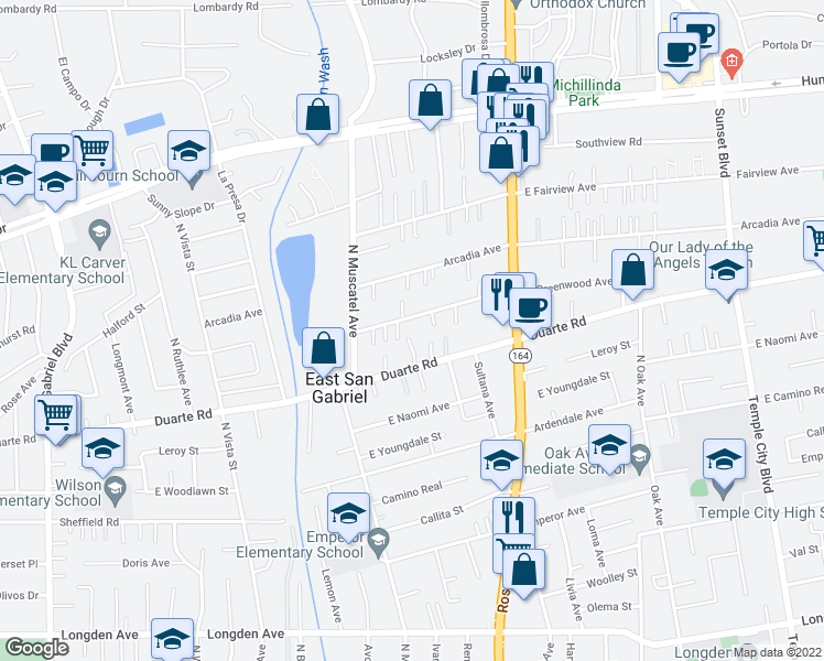 map of restaurants, bars, coffee shops, grocery stores, and more near 8810 East Greenwood Avenue in San Gabriel