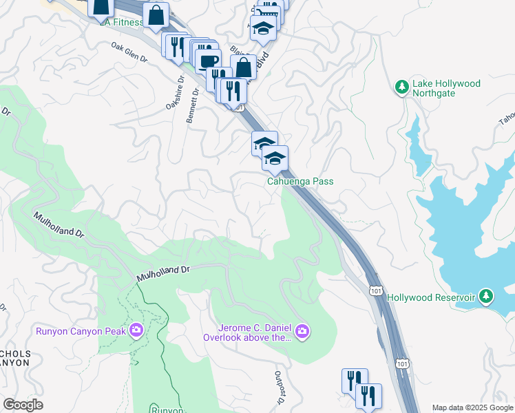map of restaurants, bars, coffee shops, grocery stores, and more near 6901 Cahuenga Park Trail in Los Angeles