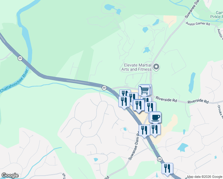 map of restaurants, bars, coffee shops, grocery stores, and more near 6045 Georgia 20 in Buford