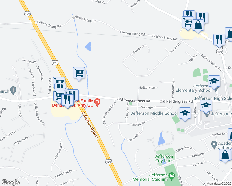 map of restaurants, bars, coffee shops, grocery stores, and more near 1288 Old Pendergrass Road in Jefferson