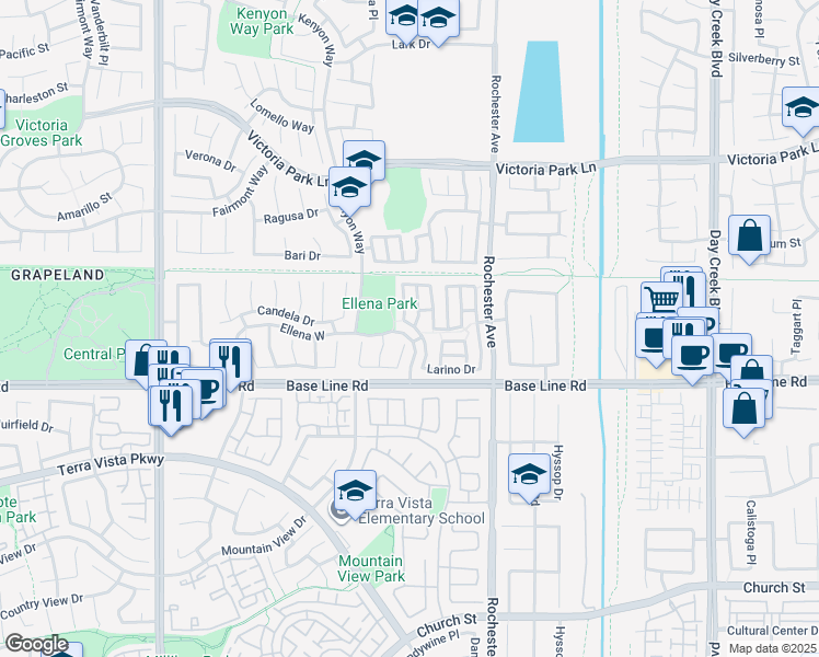 map of restaurants, bars, coffee shops, grocery stores, and more near 7212 Comiso Way in Rancho Cucamonga