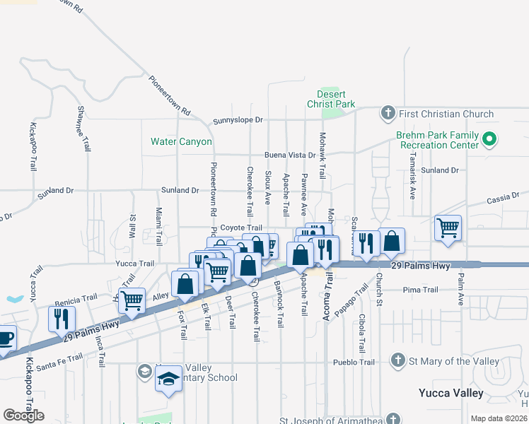 map of restaurants, bars, coffee shops, grocery stores, and more near 7156 Sioux Avenue in Yucca Valley