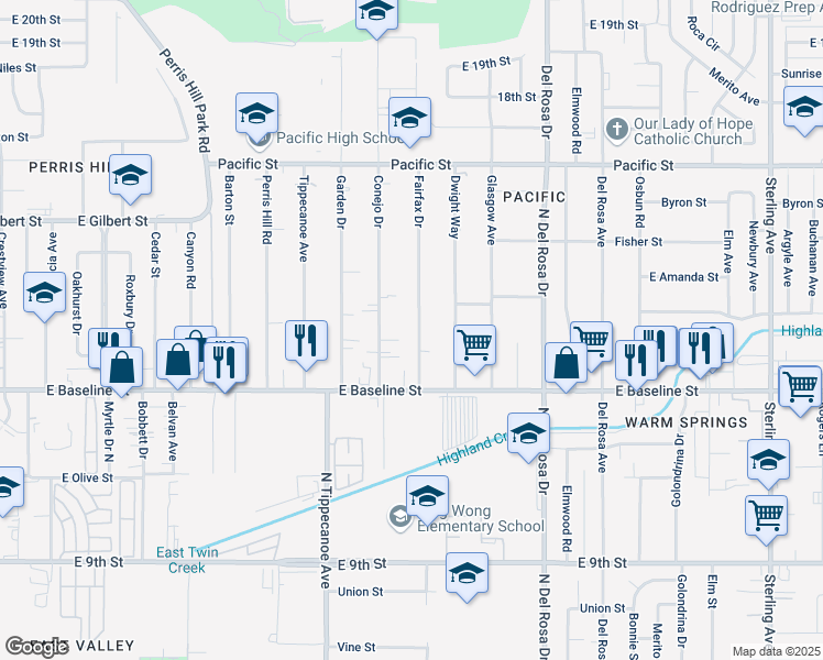 map of restaurants, bars, coffee shops, grocery stores, and more near 7176 Fairfax Drive in San Bernardino