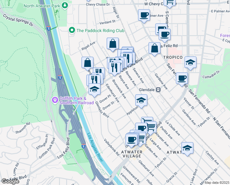 map of restaurants, bars, coffee shops, grocery stores, and more near 3927 Edenhurst Avenue in Los Angeles