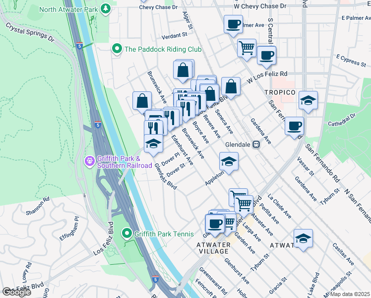 map of restaurants, bars, coffee shops, grocery stores, and more near 3927 Edenhurst Avenue in Los Angeles