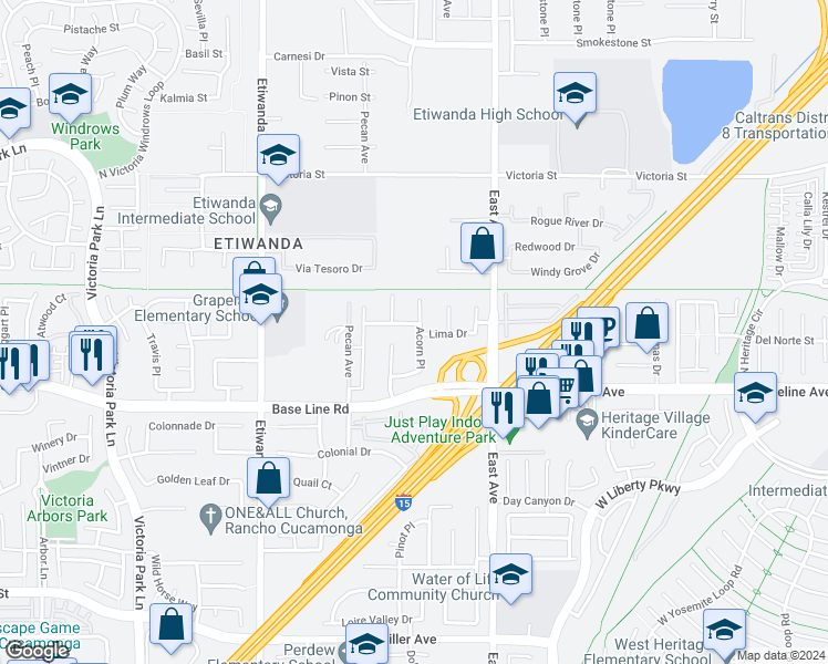 map of restaurants, bars, coffee shops, grocery stores, and more near 13165 Green Canyon Drive in Rancho Cucamonga