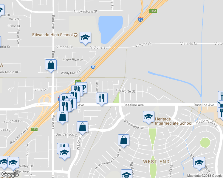 map of restaurants, bars, coffee shops, grocery stores, and more near 7194 Trinity Street in Fontana