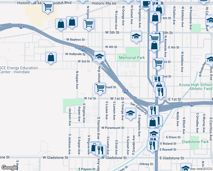 map of restaurants, bars, coffee shops, grocery stores, and more near 719 West Duell Street in Azusa