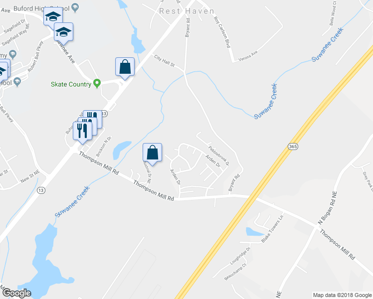 map of restaurants, bars, coffee shops, grocery stores, and more near 4716 Pebble Court in Buford