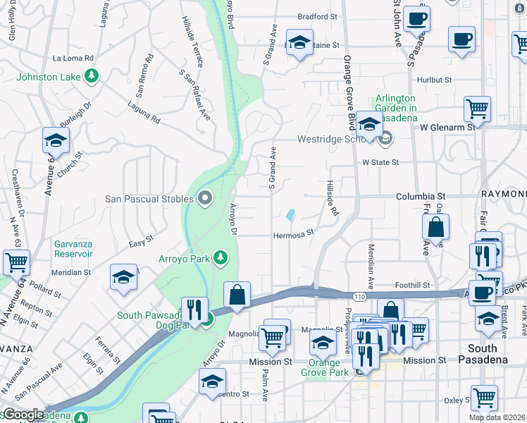 map of restaurants, bars, coffee shops, grocery stores, and more near 225 Grand Avenue in South Pasadena