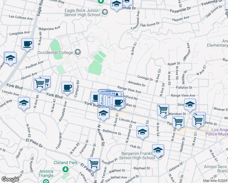 map of restaurants, bars, coffee shops, grocery stores, and more near 5025 Stratford Road in Los Angeles