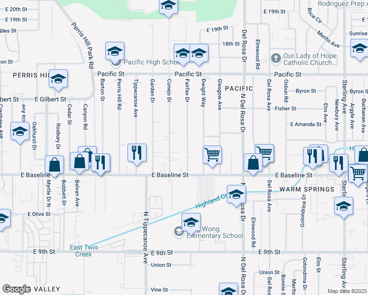 map of restaurants, bars, coffee shops, grocery stores, and more near 7176 Fairfax Drive in San Bernardino