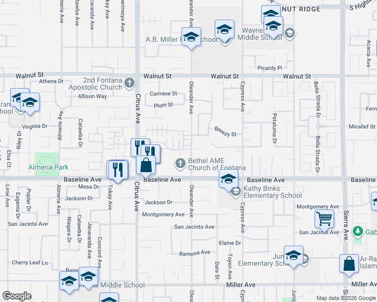 map of restaurants, bars, coffee shops, grocery stores, and more near 7187 Oleander Avenue in Fontana