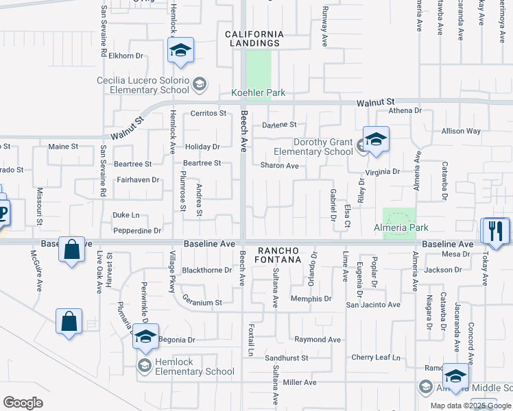 map of restaurants, bars, coffee shops, grocery stores, and more near 7189 Magnolia Place in Fontana