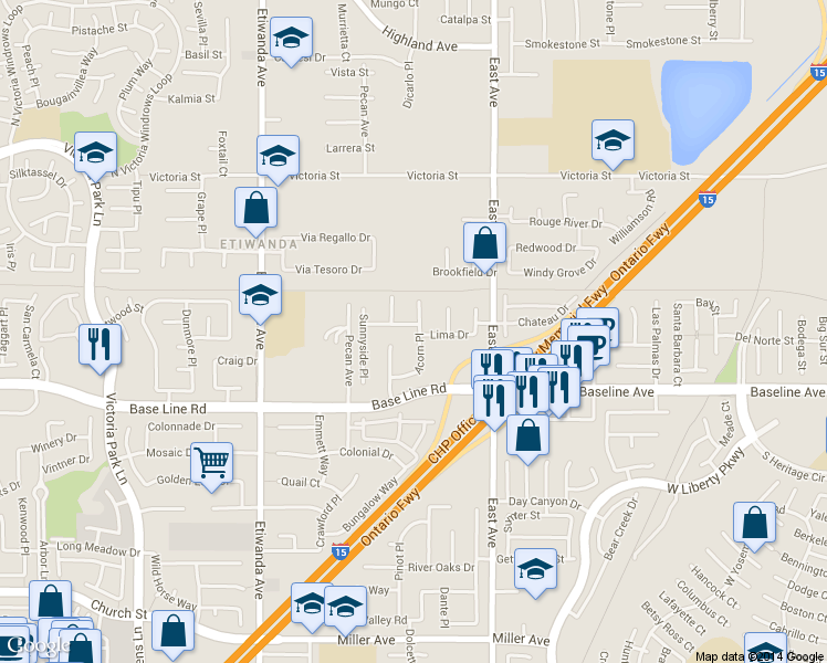map of restaurants, bars, coffee shops, grocery stores, and more near 13165 Green Canyon Drive in Rancho Cucamonga