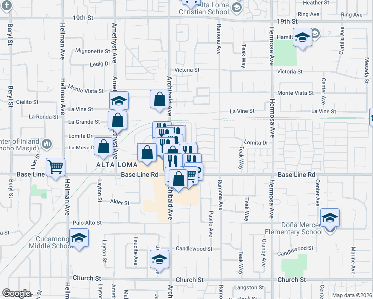 map of restaurants, bars, coffee shops, grocery stores, and more near 7149 Archibald Avenue in Rancho Cucamonga