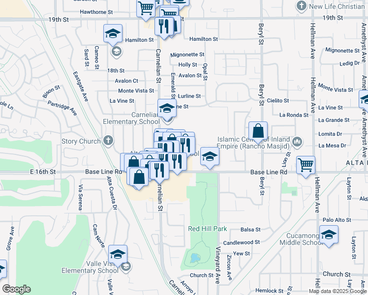 map of restaurants, bars, coffee shops, grocery stores, and more near 8796 Lomita Drive in Rancho Cucamonga