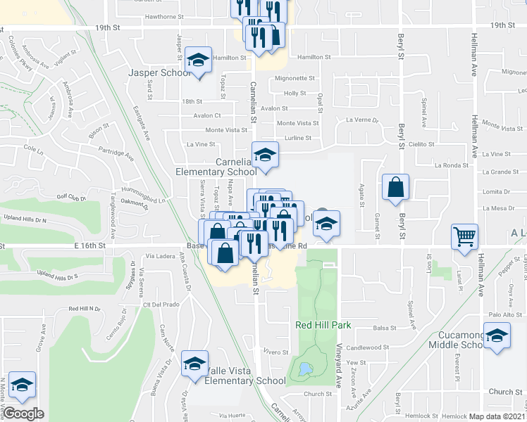 map of restaurants, bars, coffee shops, grocery stores, and more near 8749 Lomita Drive in Rancho Cucamonga