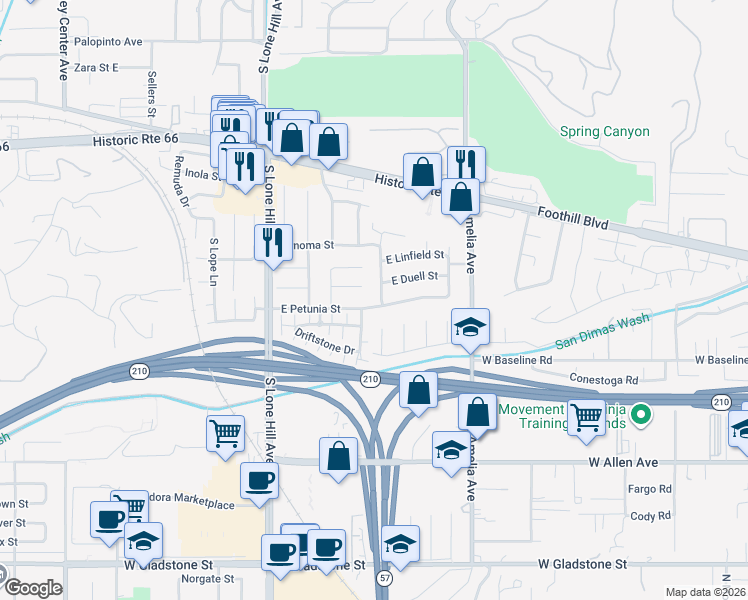 map of restaurants, bars, coffee shops, grocery stores, and more near 2032 East Duell Street in Glendora