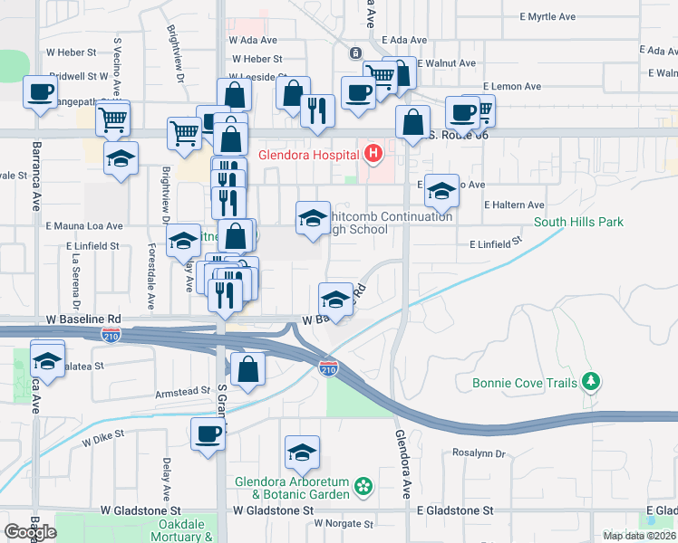 map of restaurants, bars, coffee shops, grocery stores, and more near 234 West Duell Street in Glendora