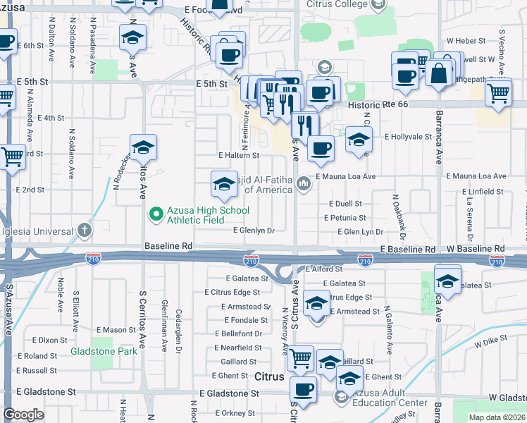 map of restaurants, bars, coffee shops, grocery stores, and more near 151 North Calvados Avenue in Azusa