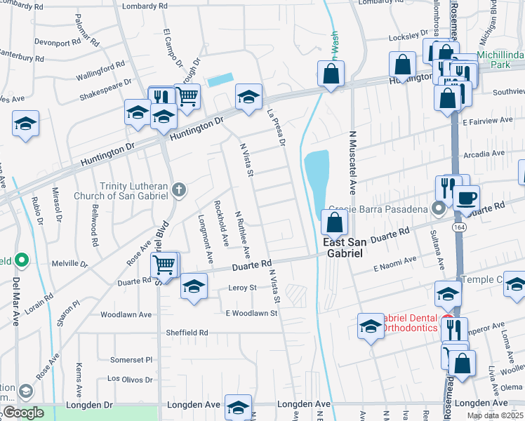 map of restaurants, bars, coffee shops, grocery stores, and more near 8514 Arcadia Avenue in San Gabriel