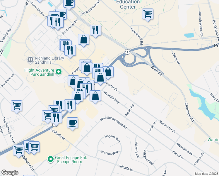 map of restaurants, bars, coffee shops, grocery stores, and more near 106 Burmaster Drive in Columbia