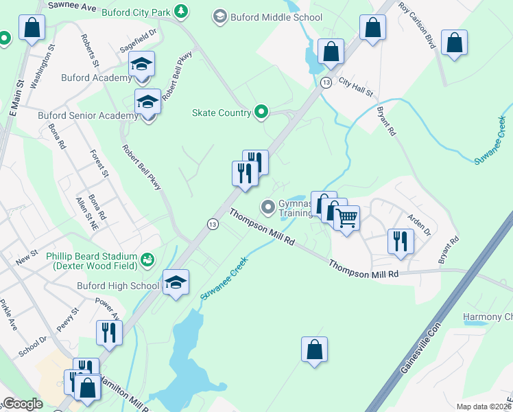 map of restaurants, bars, coffee shops, grocery stores, and more near 2658 Brickton North Drive in Buford