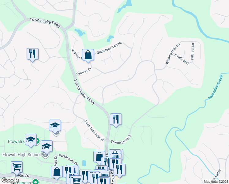 map of restaurants, bars, coffee shops, grocery stores, and more near 424 Clubview Drive in Woodstock