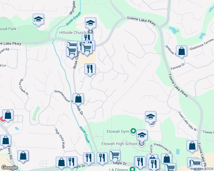 map of restaurants, bars, coffee shops, grocery stores, and more near 1005 Poplar Grove in Woodstock
