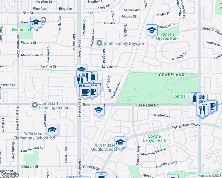 map of restaurants, bars, coffee shops, grocery stores, and more near 7211 Daybreak Place in Rancho Cucamonga