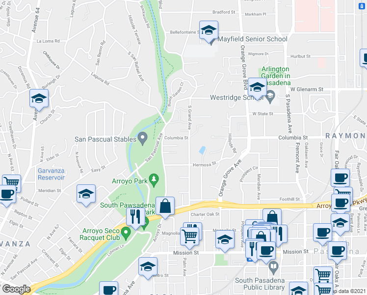 map of restaurants, bars, coffee shops, grocery stores, and more near 225 Grand Ave in South Pasadena